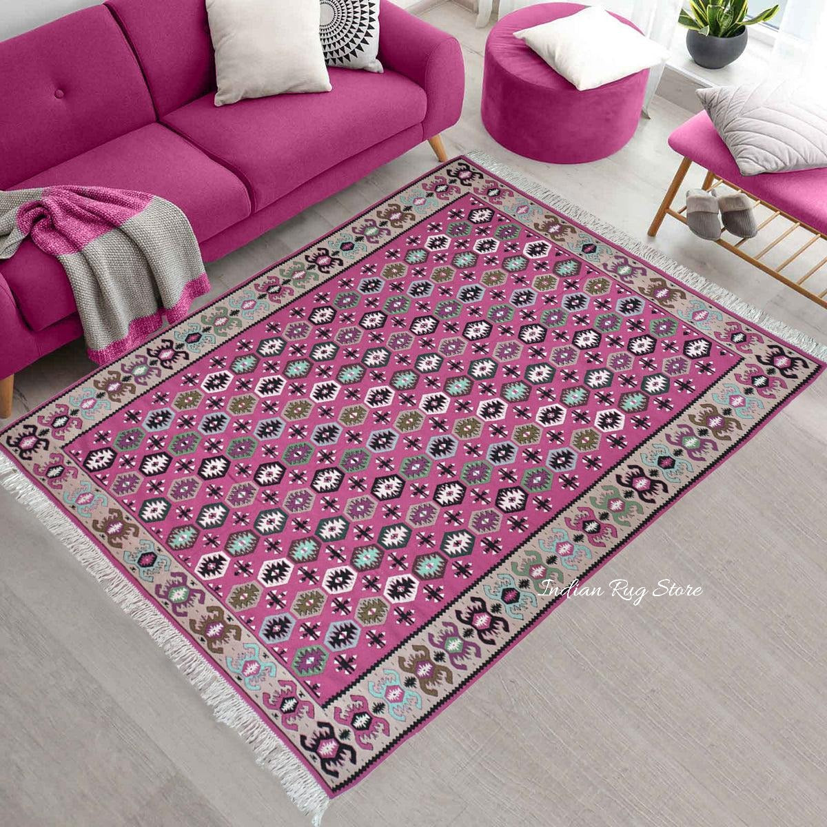 Tappeto Kilim indiano tradizionale rosa in cotone tessuto a mano per tappetino da yoga CK-511