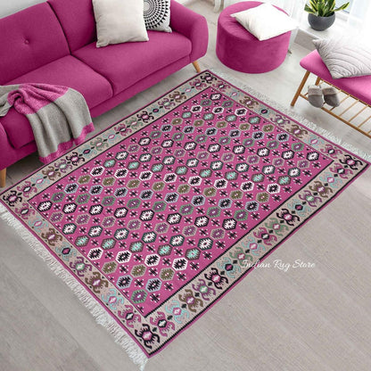 Indian Traditional Pink Hand Woven Cotton Kilim Rug For Yoga Hall Mat CK-511