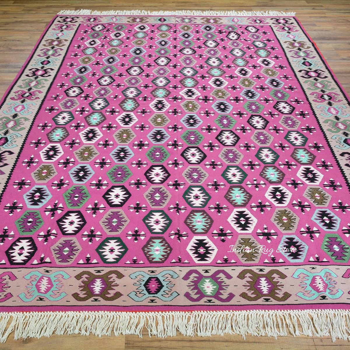 Alfombra tradicional india de algodón tejida a mano en color rosa para yoga CK-511