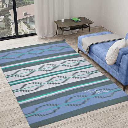 Tappeto da letto Kilim in cotone tessuto a mano blu CK-530