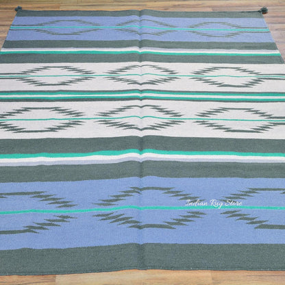 Alfombra Kilim de algodón tejida a mano en color azul para dormitorio CK-530