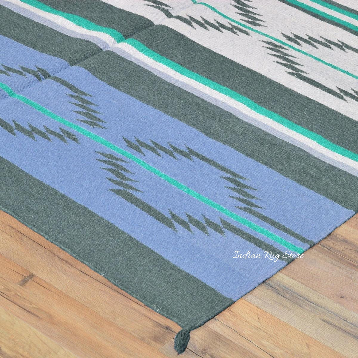 Alfombra Kilim de algodón tejida a mano en color azul para dormitorio CK-530