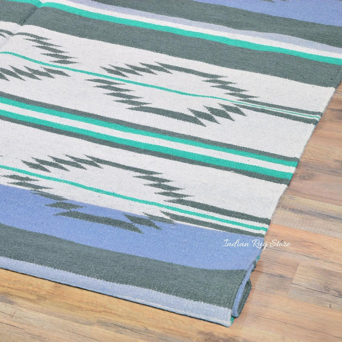 Alfombra Kilim de algodón tejida a mano en color azul para dormitorio CK-530