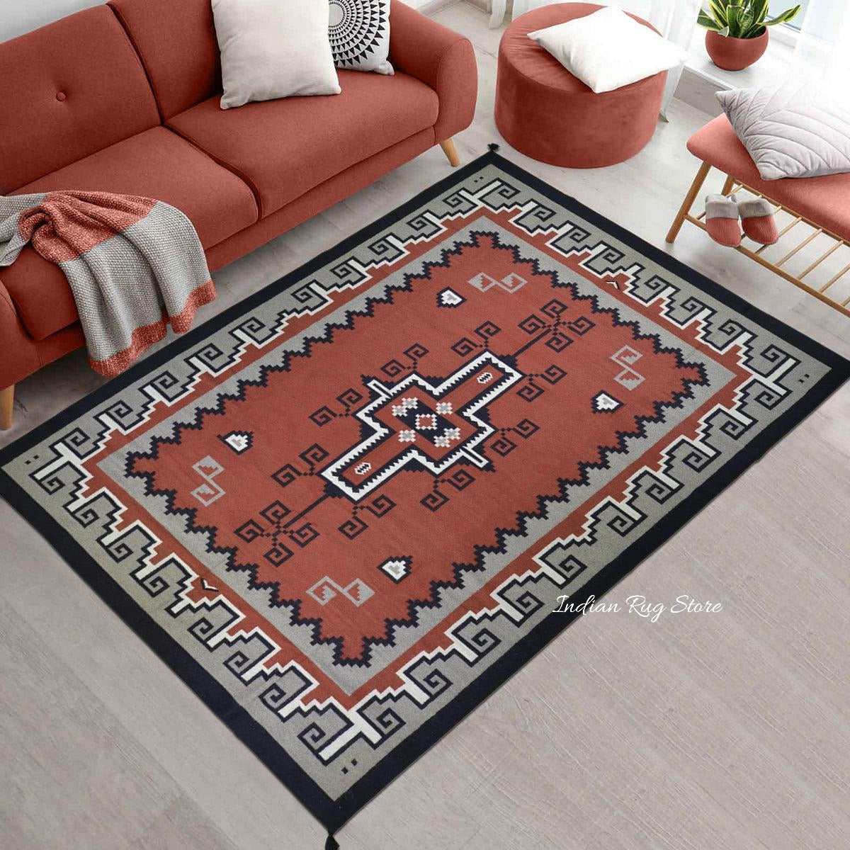 Tappeto Kilim indiano grigio in cotone tessuto a mano per grandi superfici CK-535