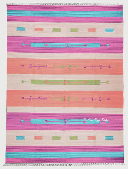 Alfombra Kilim tejida a mano de algodón natural en color rosa CK-541