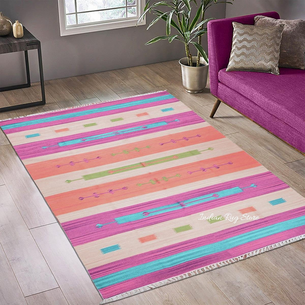 Alfombra Kilim tejida a mano de algodón natural en color rosa CK-541