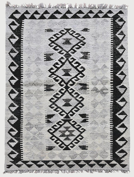 Alfombra Kilim de algodón gris tejida a mano para exteriores CK-548