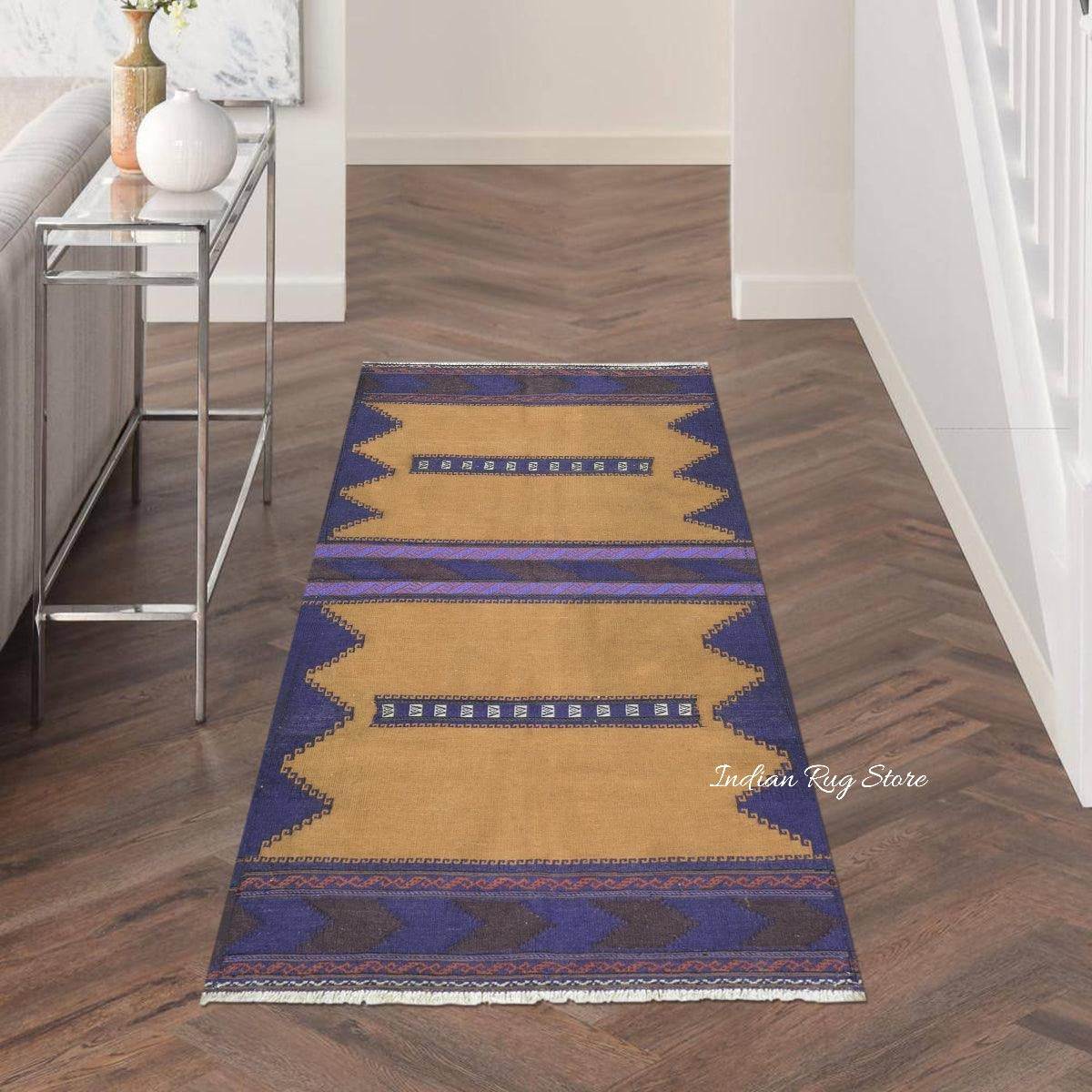 Alfombra Kilim de algodón tejida a mano para sala de estar, color marrón CK-557