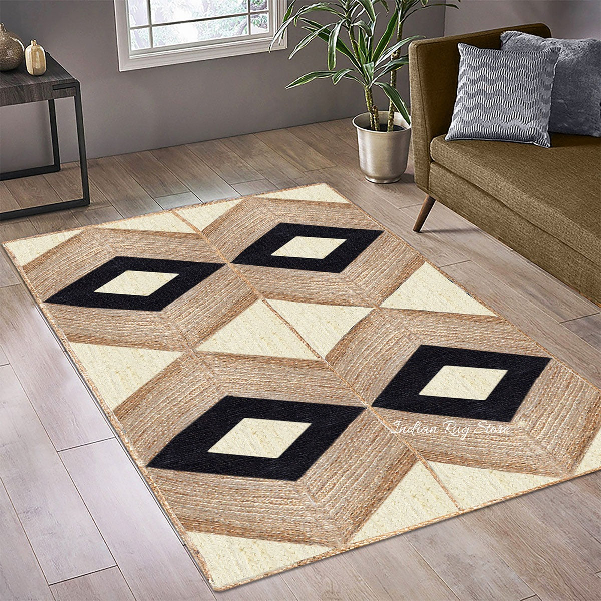 Hand Braided Beige Black Geometric Home Decor Jute Rug