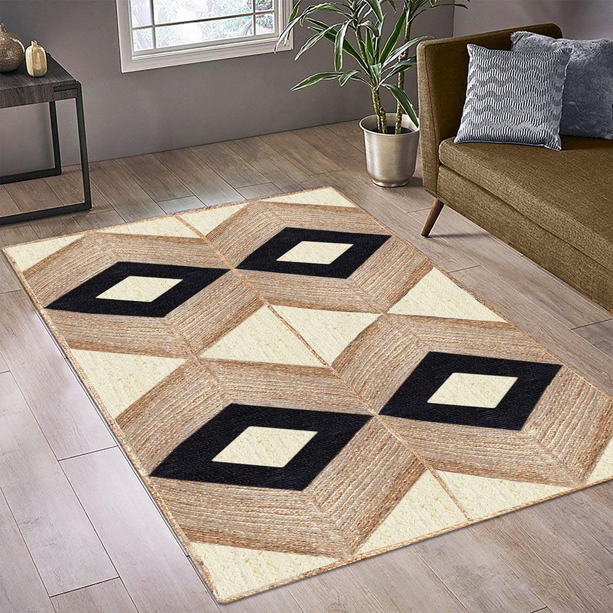 Hand Braided Beige Black Geometric Home Decor Jute Rug - Indian Rug Store