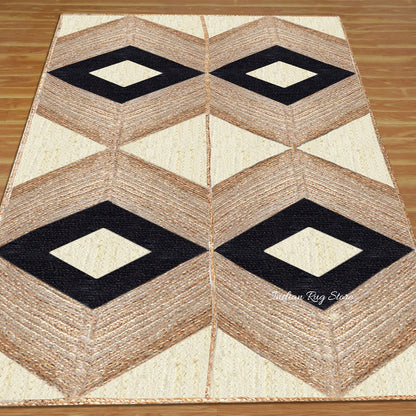 Alfombra de yute decorativa geométrica beige y negra trenzada a mano