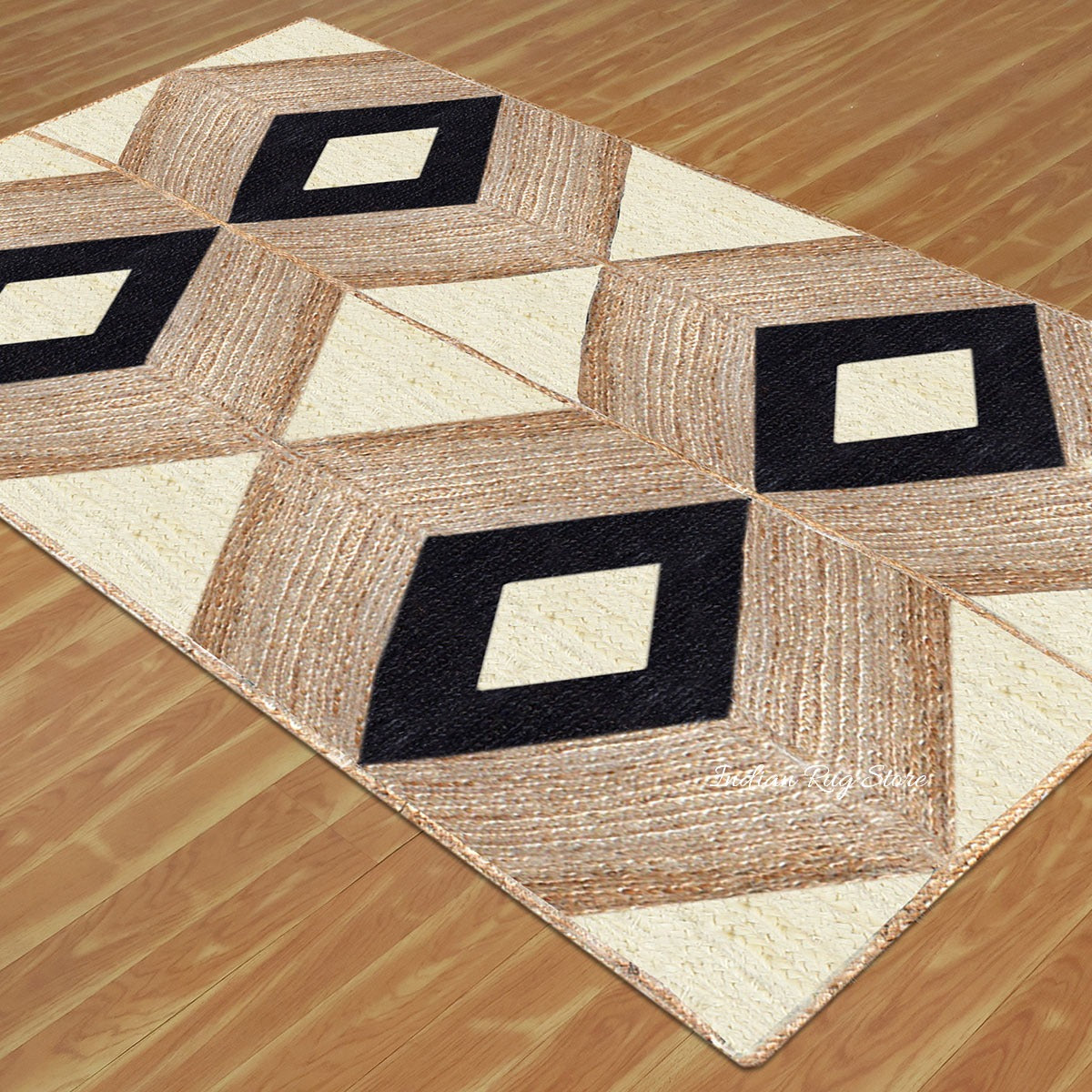 Alfombra de yute decorativa geométrica beige y negra trenzada a mano