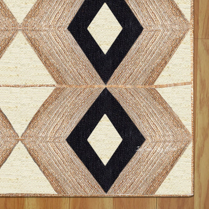 Hand Braided Beige Black Geometric Home Decor Jute Rug