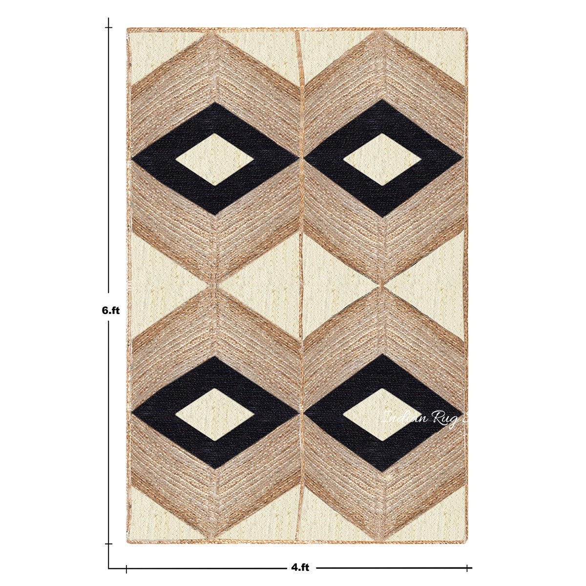 Alfombra de yute decorativa geométrica beige y negra trenzada a mano