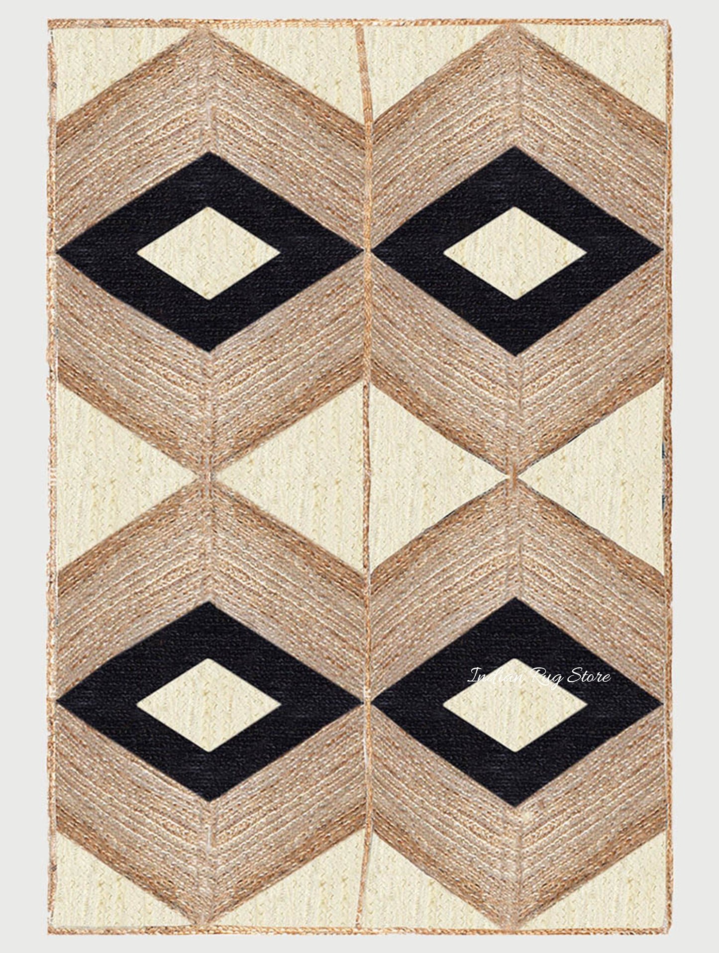 Hand Braided Beige Black Geometric Home Decor Jute Rug