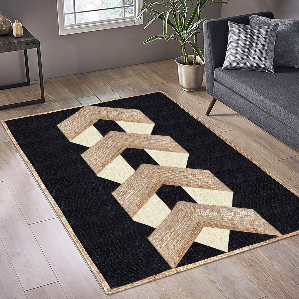 Geometric Hand Braided Beige Black Living Area Jute Rug