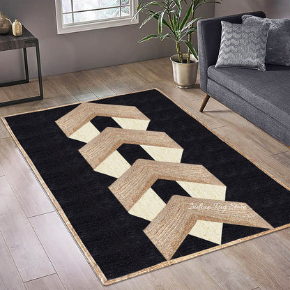 Geometric Hand Braided Beige Black Living Area Jute Rug