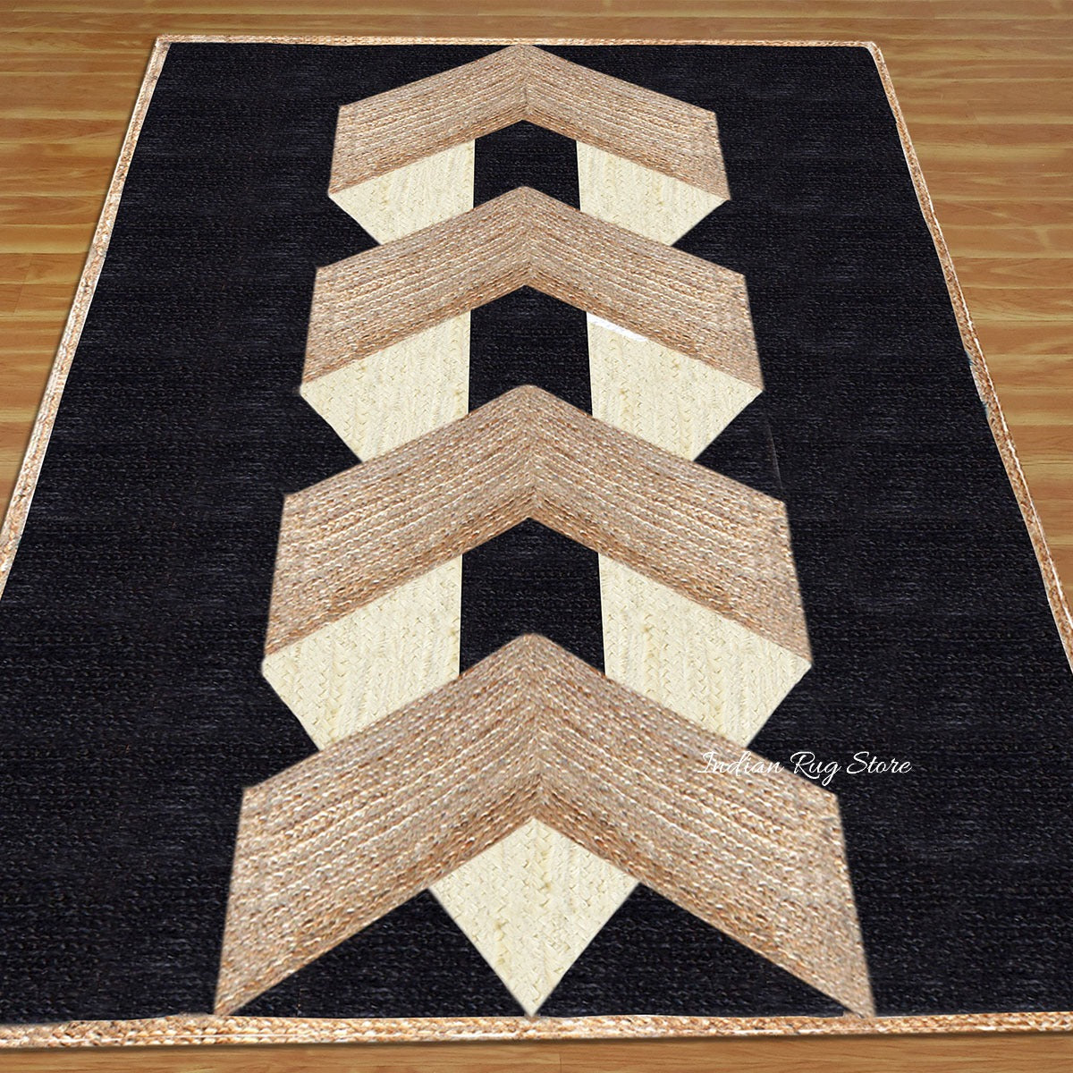 Geometric Hand Braided Beige Black Living Area Jute Rug