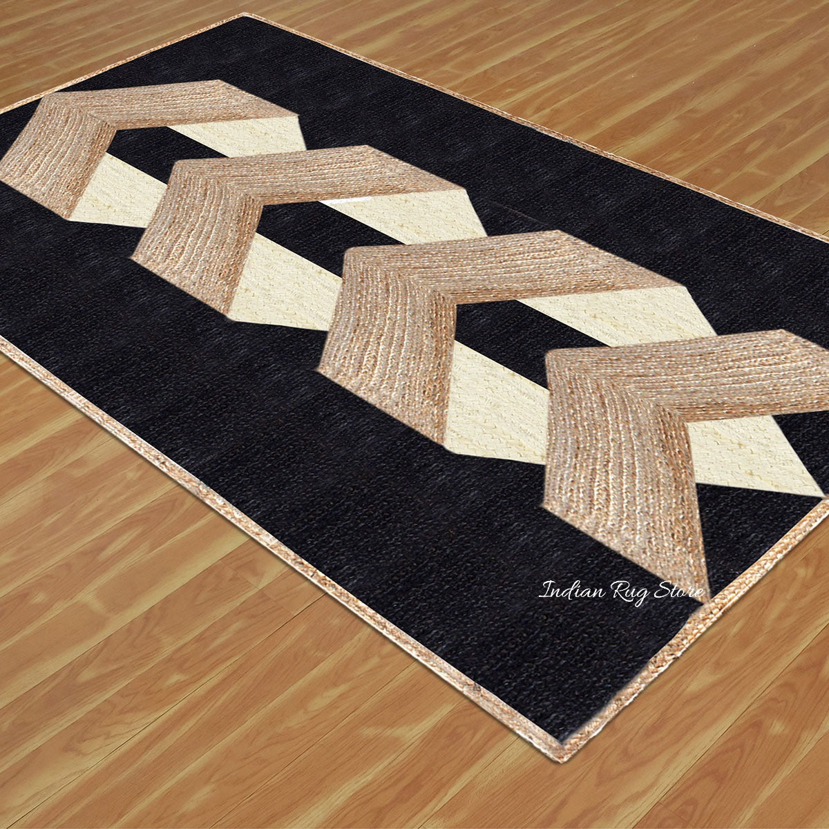 Geometric Hand Braided Beige Black Living Area Jute Rug