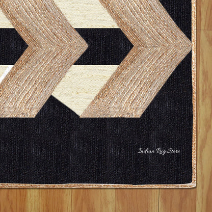 Geometric Hand Braided Beige Black Living Area Jute Rug