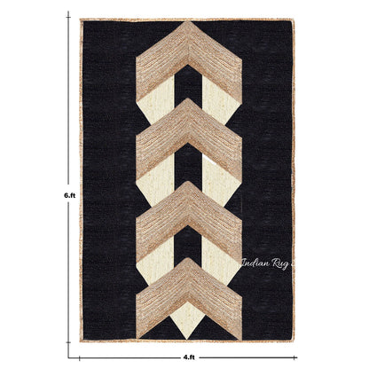 Geometric Hand Braided Beige Black Living Area Jute Rug