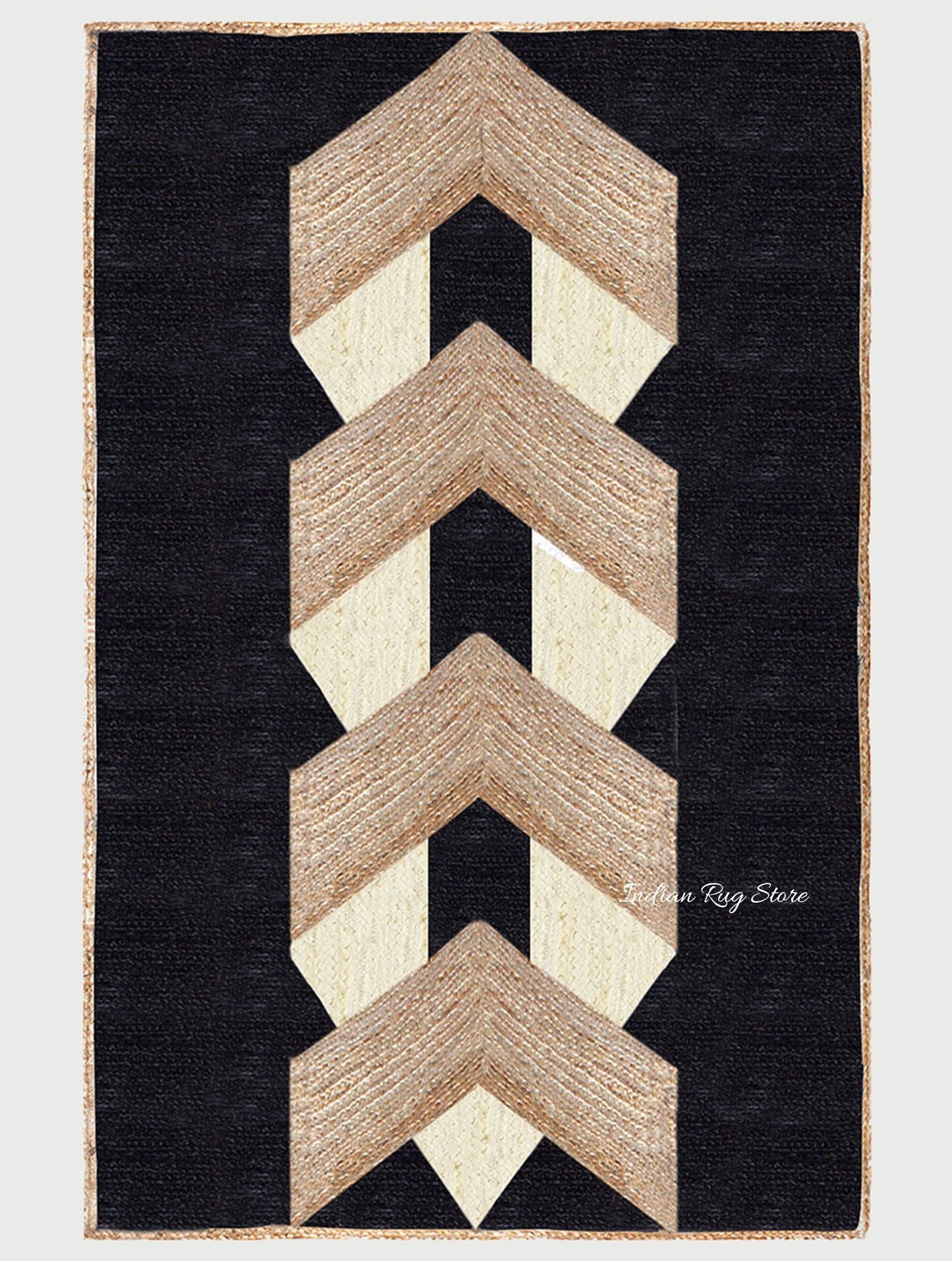 Geometric Hand Braided Beige Black Living Area Jute Rug