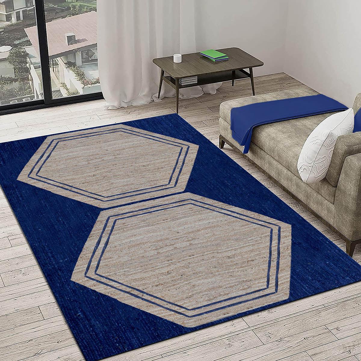 Hand Braided Attractive Beige Blue Interior Decor Jute Rug - Indian Rug Store