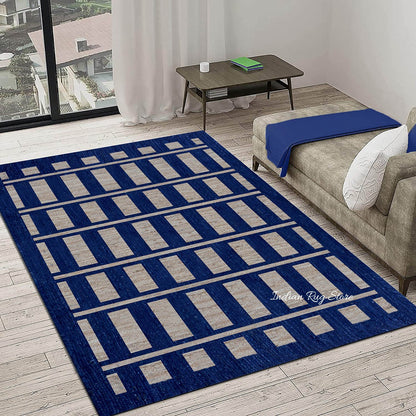 Geometric Hand Braided Beige Blue Bedroom Jute Rug