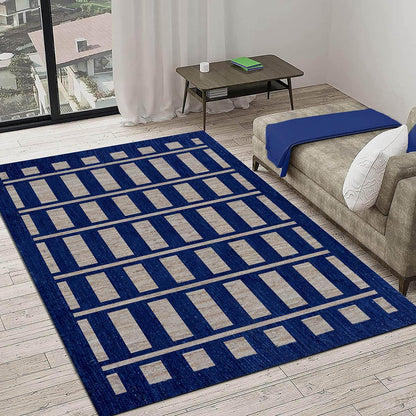 Geometric Hand Braided Beige Blue Bedroom Jute Rug - Indian Rug Store