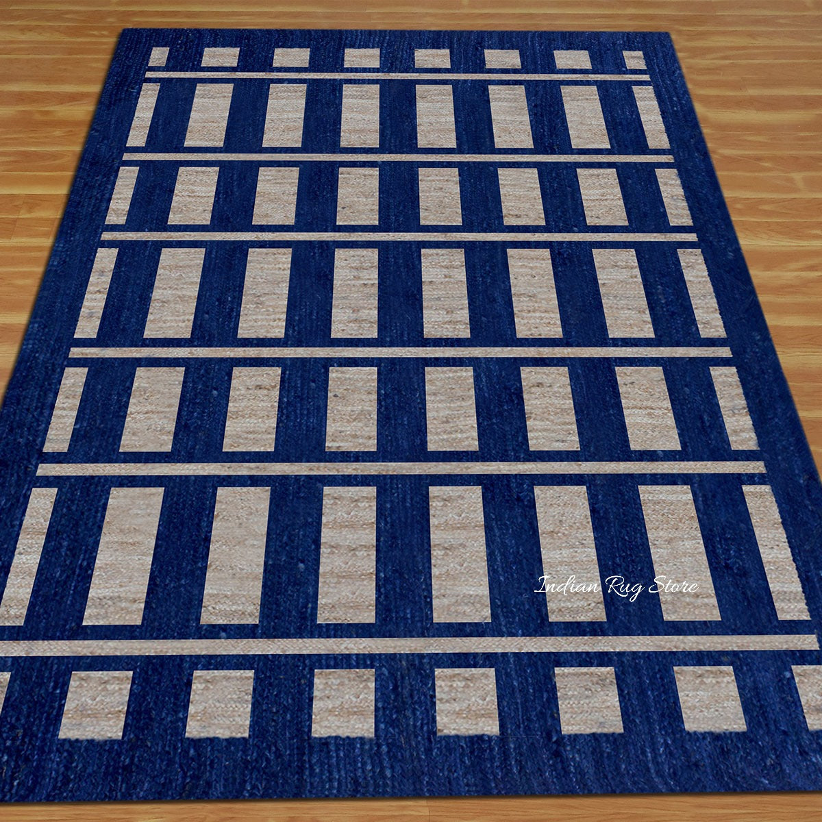 Geometric Hand Braided Beige Blue Bedroom Jute Rug