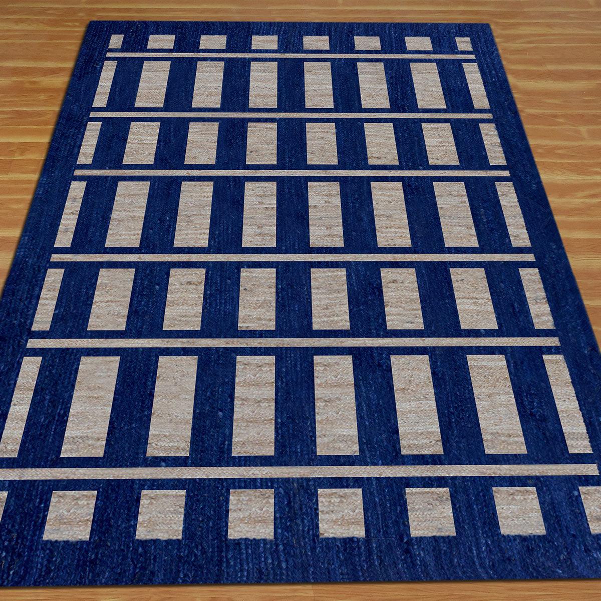 Geometric Hand Braided Beige Blue Bedroom Jute Rug - Indian Rug Store