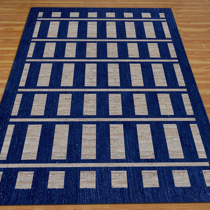 Geometric Hand Braided Beige Blue Bedroom Jute Rug - Indian Rug Store