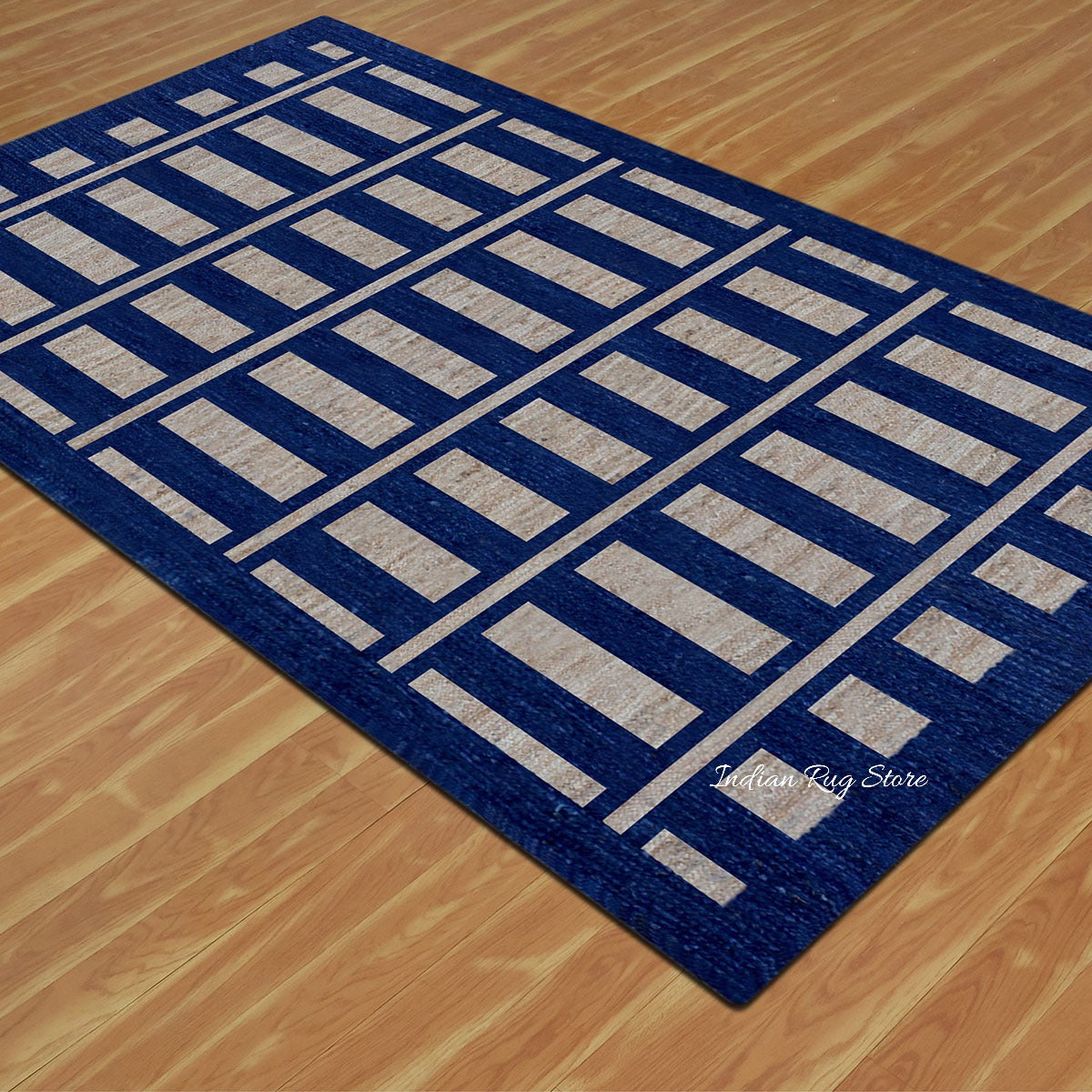 Geometric Hand Braided Beige Blue Bedroom Jute Rug