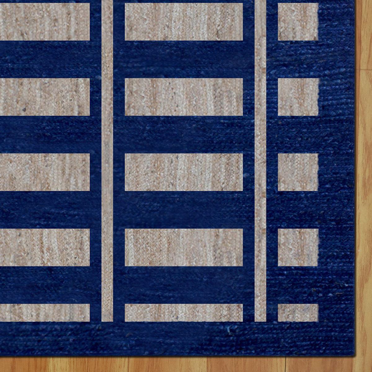 Geometric Hand Braided Beige Blue Bedroom Jute Rug - Indian Rug Store