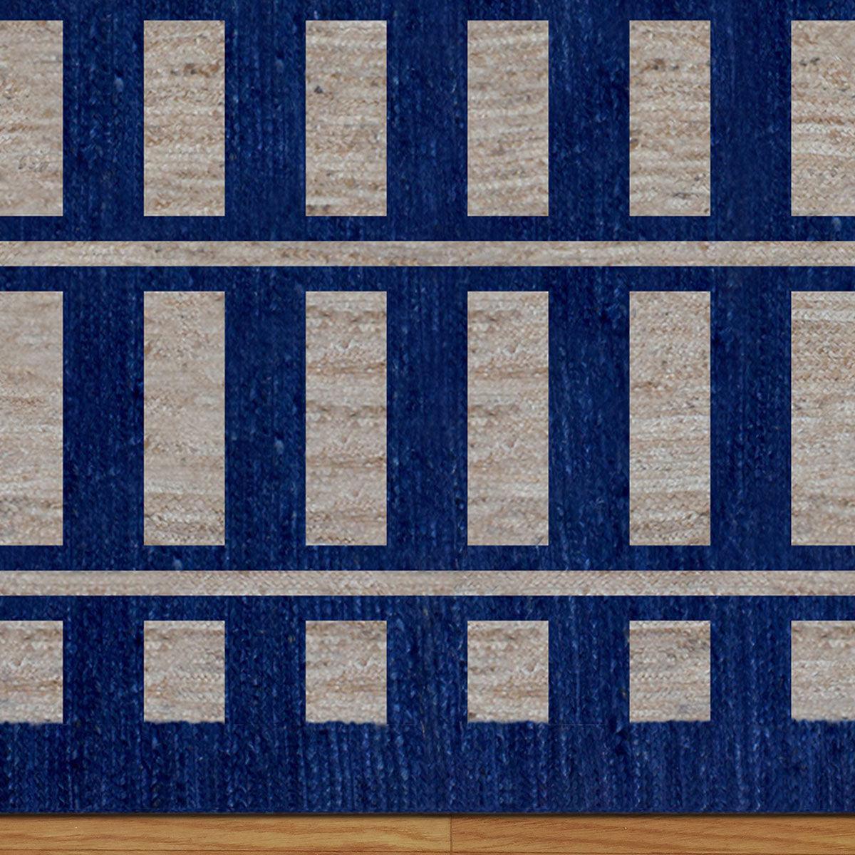 Geometric Hand Braided Beige Blue Bedroom Jute Rug - Indian Rug Store