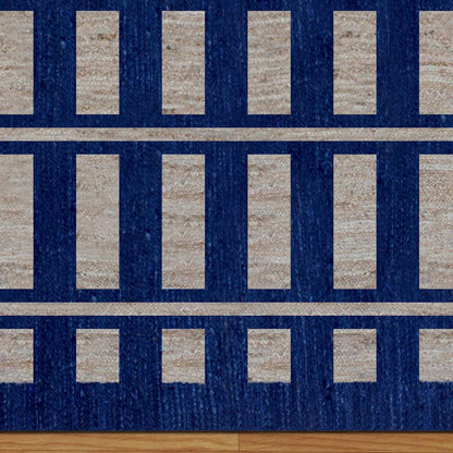 Geometric Hand Braided Beige Blue Bedroom Jute Rug - Indian Rug Store