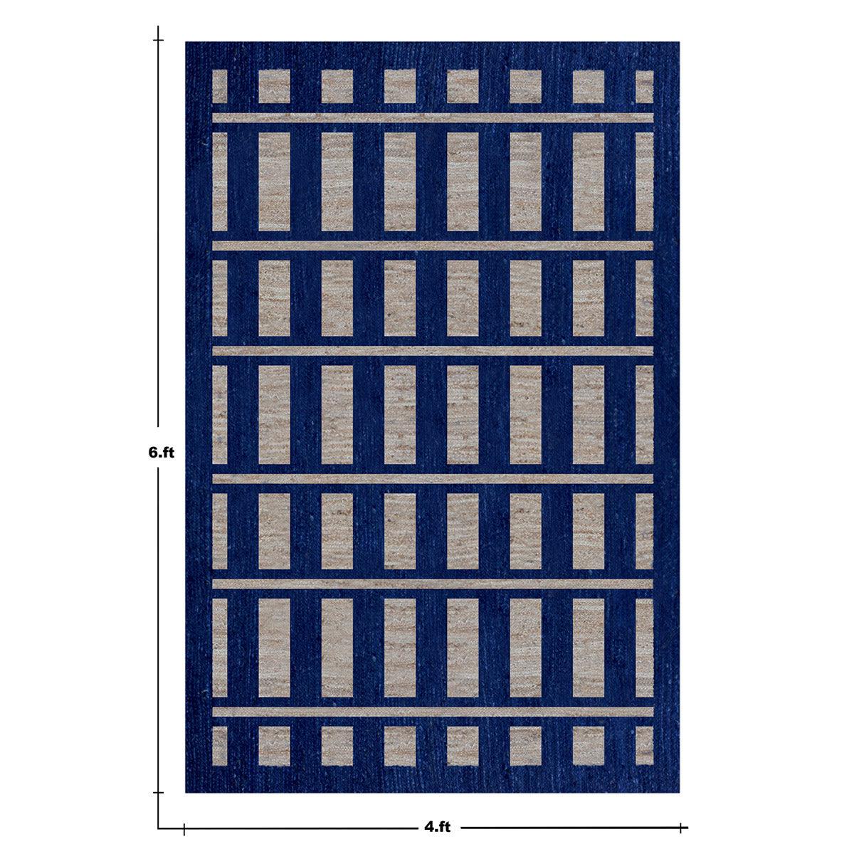 Geometric Hand Braided Beige Blue Bedroom Jute Rug - Indian Rug Store