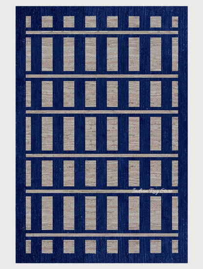 Geometric Hand Braided Beige Blue Bedroom Jute Rug