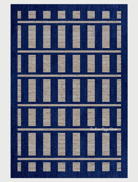 Geometric Hand Braided Beige Blue Bedroom Jute Rug