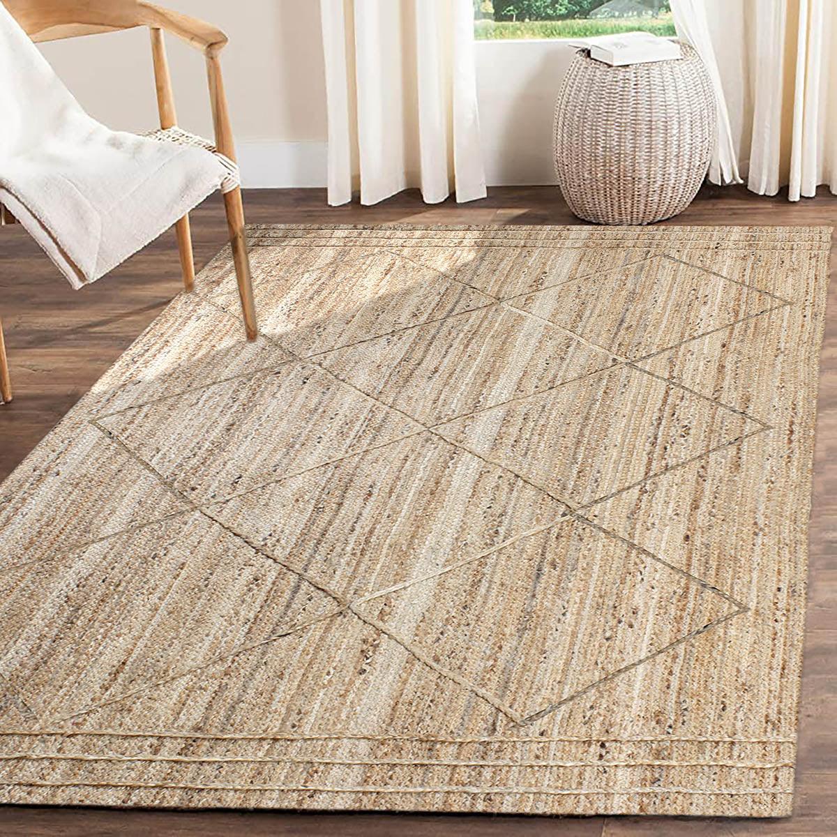 Geometric Beige Hand Braided Out House Jute Rug - Indian Rug Store