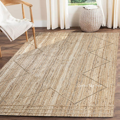 Hand Braided Geometric Beige Farm House Decor Jute Rug