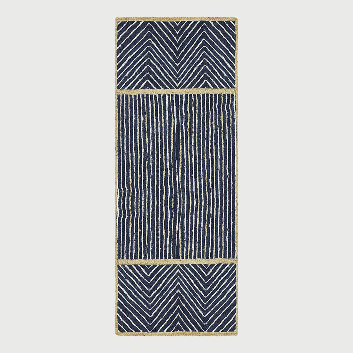 Blue Beige Geometric Hand Braided Bedroom Dhurrie Design Jute Rug - Indian Rug Store