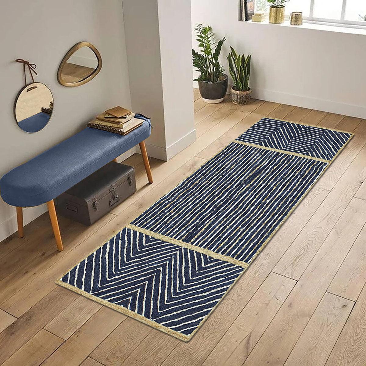 Blue Beige Geometric Hand Braided Bedroom Dhurrie Design Jute Rug - Indian Rug Store