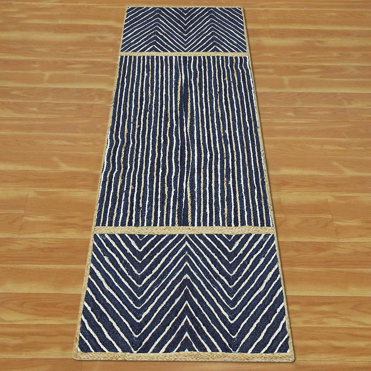 Blue Beige Geometric Hand Braided Bedroom Dhurrie Design Jute Rug - Indian Rug Store