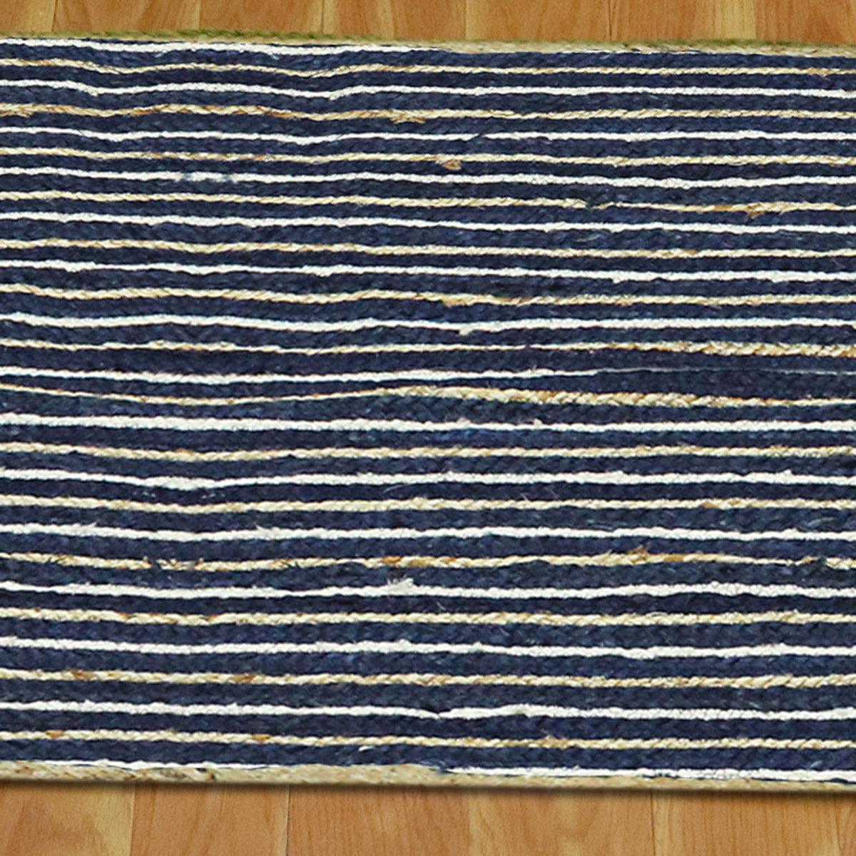 Blue Beige Geometric Hand Braided Bedroom Dhurrie Design Jute Rug - Indian Rug Store