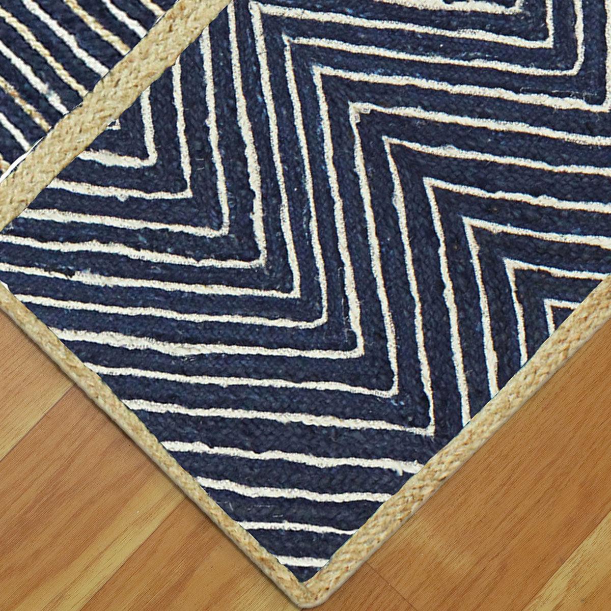 Blue Beige Geometric Hand Braided Bedroom Dhurrie Design Jute Rug - Indian Rug Store