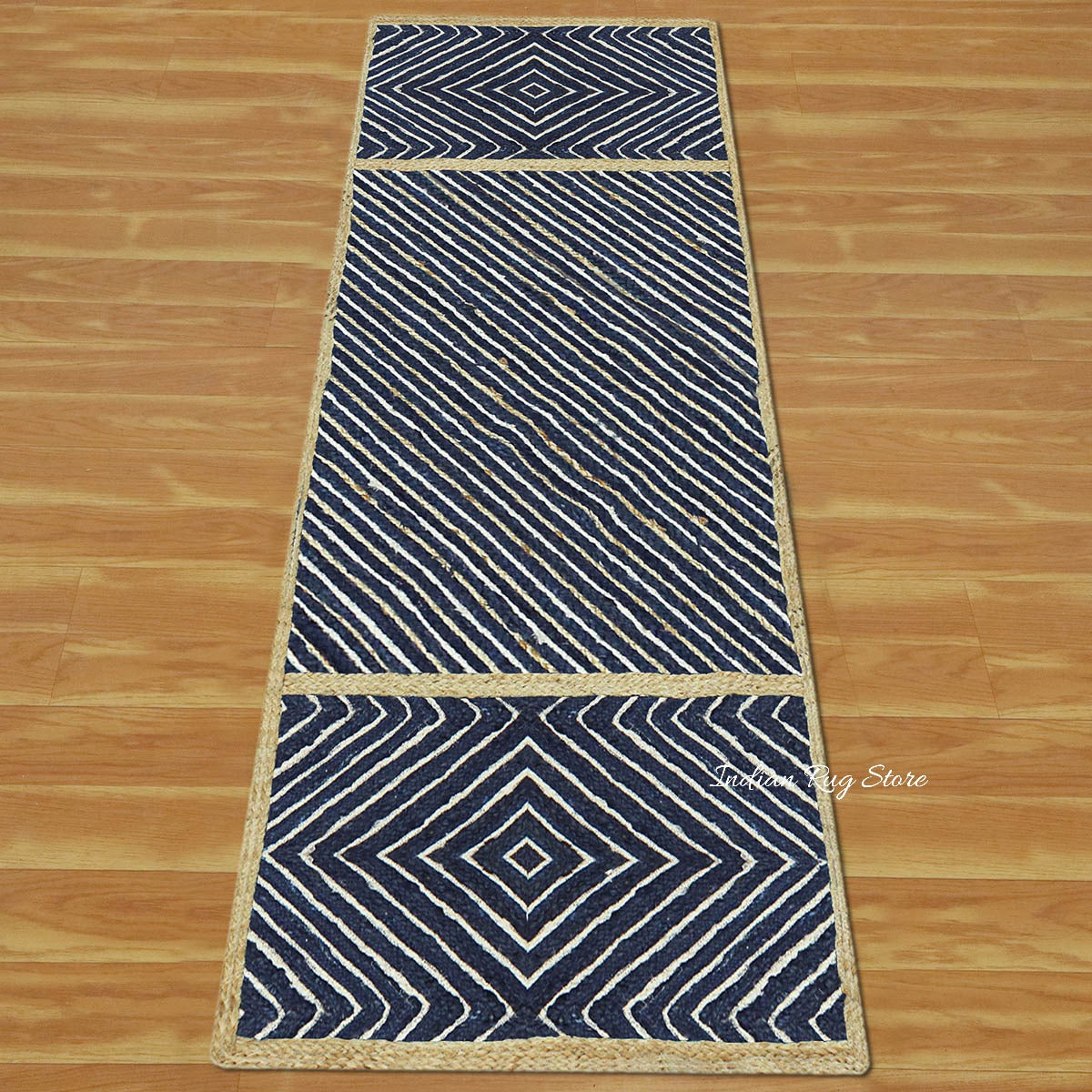 Hand Braided Beige Blue Geometric Interior Decor Jute Rug