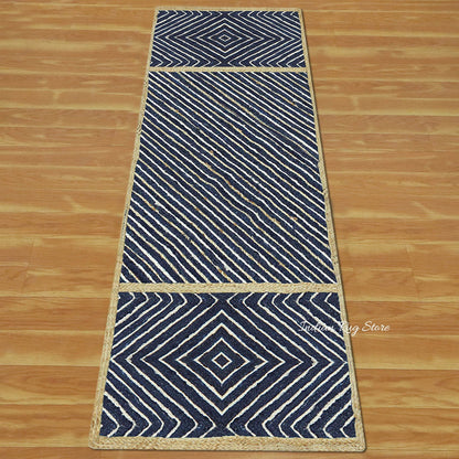 Hand Braided Beige Blue Geometric Interior Decor Jute Rug