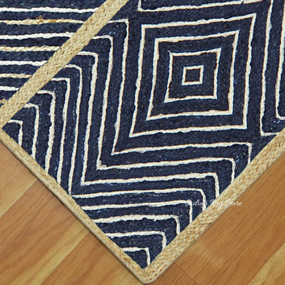 Hand Braided Beige Blue Geometric Interior Decor Jute Rug