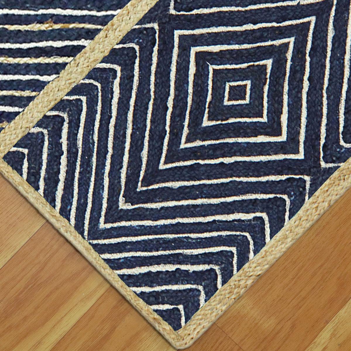 Hand Braided Beige Blue Geometric Interior Decor Jute Rug - Indian Rug Store